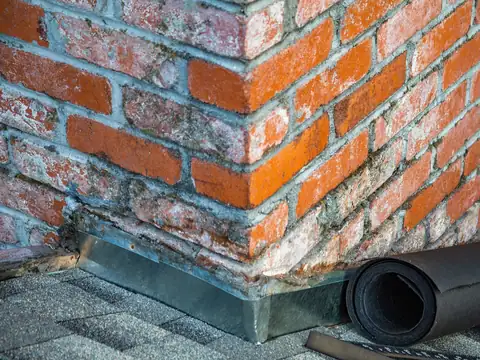 Galvanized metal flashing wrapped around the base of a brick chimney where it meets a gray asphalt shingle roof, with a roll of roofing felt beside it