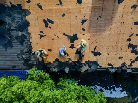 Three roofers seen from above stripping old shingles off a roof, leaving bare plywood decking